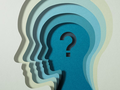 AdobeStock_715310548_sm Illustration von einem Kopf mit Blick in tiefere verschiedenfarbige Ebenen und einem Fragezeichen in der innersten Ebene